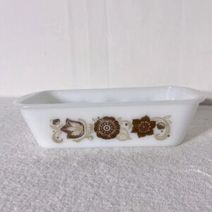 Vintage Glasbake Milk  Glass Brown Flower Pattern Loaf Pan